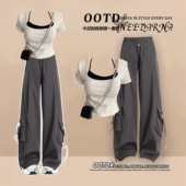 裤 女夏穿搭一整套美系工装 两件套 t恤套装 学院风辣妹假两件短袖