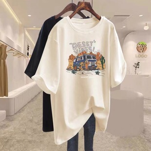 深灰色纯棉宽松卡通短袖T恤女2025早春新款欧货大版上衣打底衫ins
