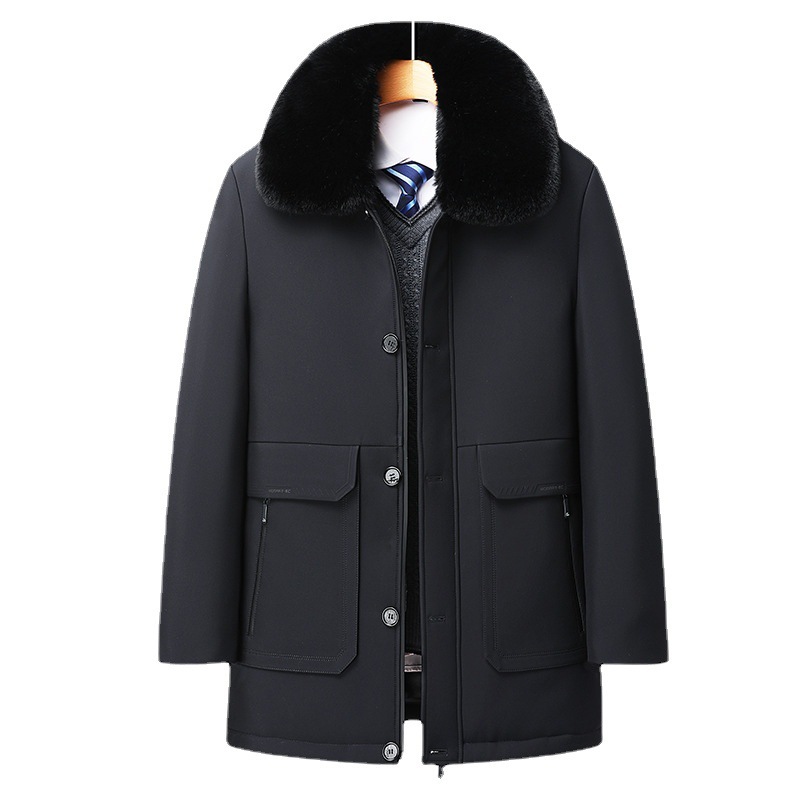 中老年男装厚棉衣可脱卸毛领爸爸装棉袄冬季男士棉服中长款外套