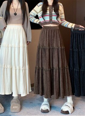 冬季蕾丝灯芯绒蛋糕裙半身裙秋冬女新款裙子丝绒百褶半裙长裙秋季