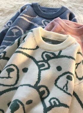 新款卡通圆领宽大显瘦毛衣女日系酒红色针织衫秋冬中性毛线衫