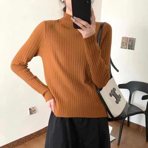 纯色基础款软糯安迪绒韩系百搭坑条半高领毛衣女叠穿内搭针织上衣