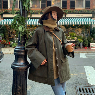时髦备~棉衣女款工装风灯芯绒拼接翻领军绿色猎装夹棉外套女装