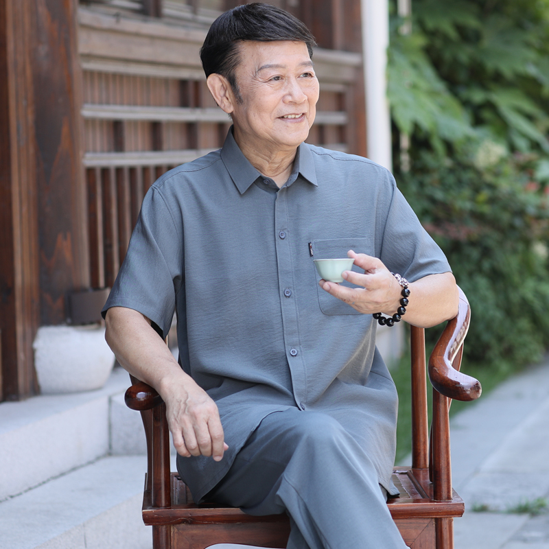 爸爸夏装短袖衬衫中老年唐装男中国风岁爷爷夏季套装老年人衣服