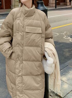 韩版卡其色棉服女冬新款加厚中长款宽松立领炸街过膝棉衣