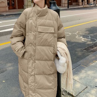 韩版卡其色棉服女冬新款加厚中长款宽松立领炸街过膝棉衣