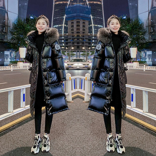 中长款 冬季 大毛领过膝加厚潮 黑色亮面服女年新款 爆款
