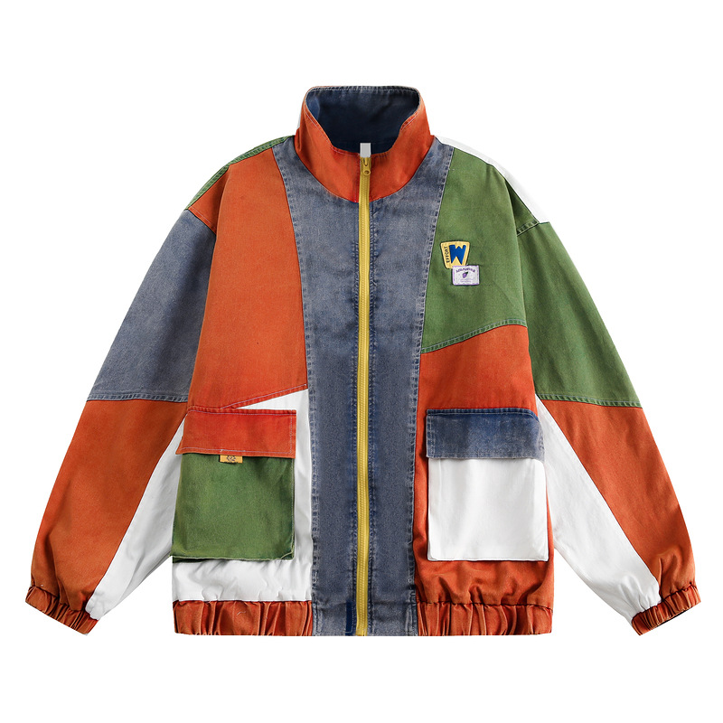 美式潮牌拼接撞色外套男春秋2024新款设计感立领夹克宽松小众