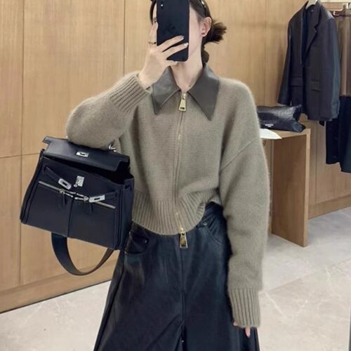 欧货感皮领拼接针织开衫双头拉链风浣熊绒外套上衣女