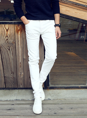 春秋季青年潮流白色牛仔裤男款白裤子修身弹力男裤紧身裤大码纯白