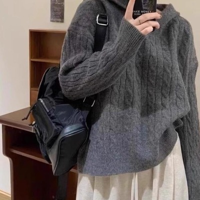 春秋新款灰色麻花连帽毛衣女大衣内搭宽松休闲百搭软糯针织衫卫衣