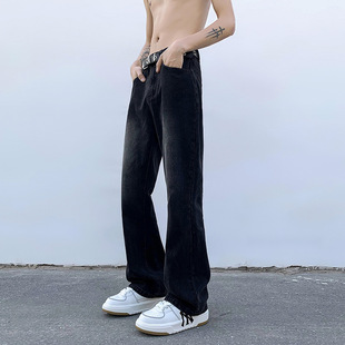 黑灰色微喇牛仔裤男款美式高街提档版型裤子显瘦显腿长直筒裤