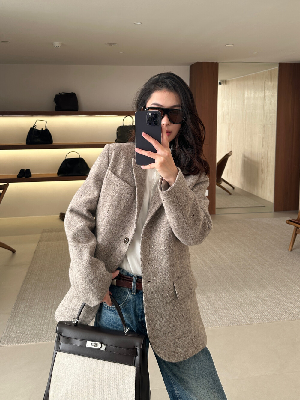 ONI欧尼~秋上新羊毛拼真皮领西装高品质羊毛外套