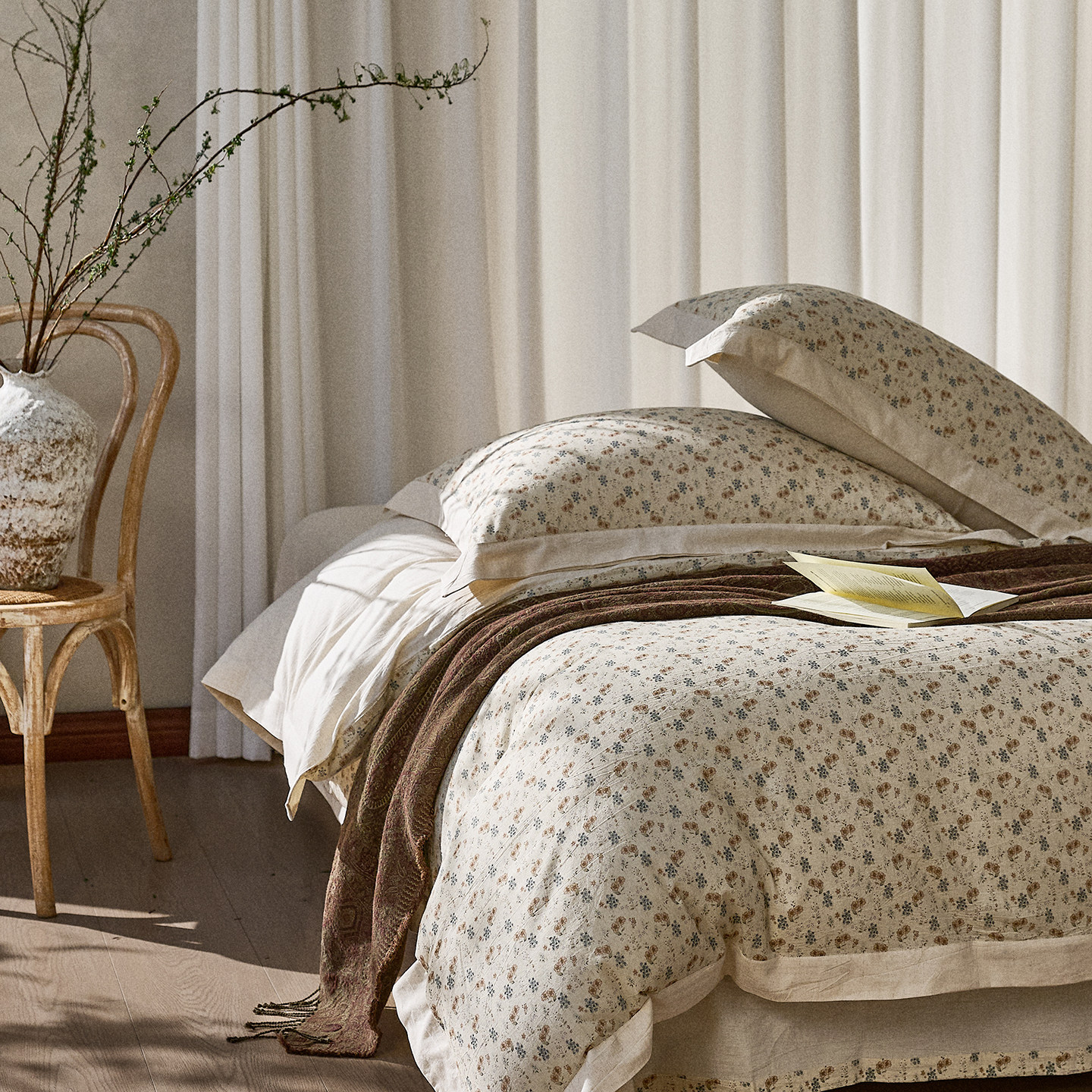 南法假日棉麻宽边拼角四件套全棉纯棉长绒棉亚麻床上用品床单被套