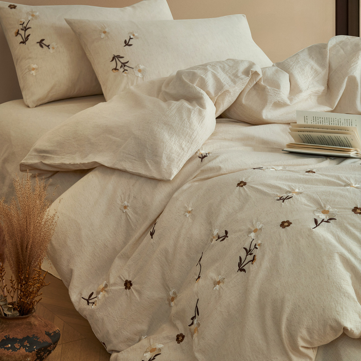 南法假日长绒棉亚麻立体刺绣四件套全棉纯棉床上用品棉麻床单被套