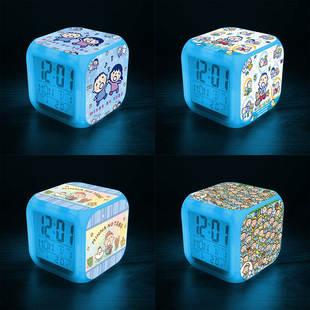 新款 饰摆件儿童七彩夜灯时钟方形电子钟 卡通大口仔周边闹钟居家装