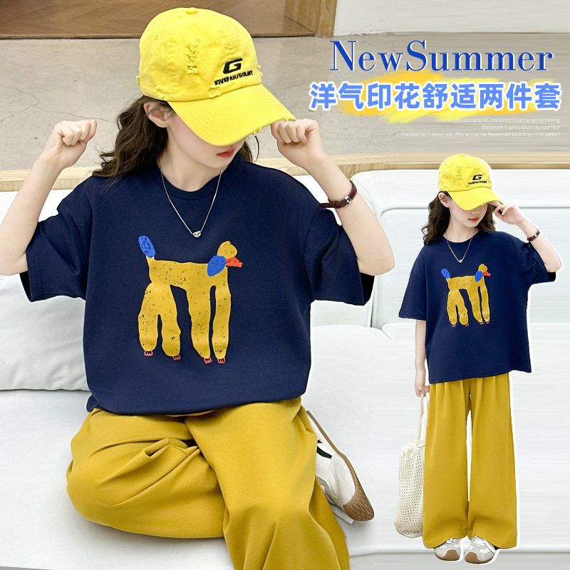 女童夏季短袖套装新款圆领卡通印花T恤中大童韩版夏款卡通两件套