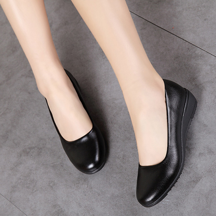 黑色皮鞋平底平跟工作女鞋上班圆头职业鞋防滑简约妈妈女式必胜客
