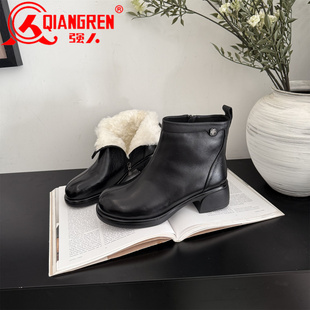 真皮休闲粗跟马丁靴 新款 3515强人女鞋 保暖女英伦风羊毛靴2025冬季