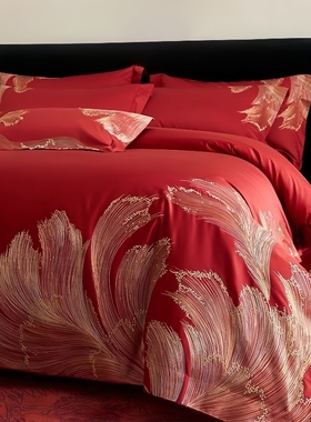 轻奢高级感红色四件套结婚床上用品100S全棉喜被婚庆简约高端婚嫁