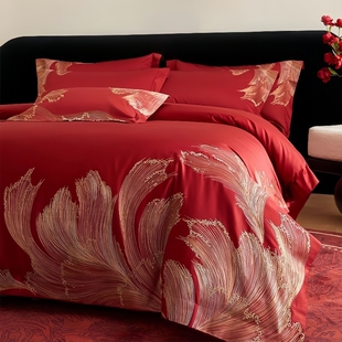 轻奢高级感红色四件套结婚床上用品100S全棉喜被婚庆简约高端婚嫁