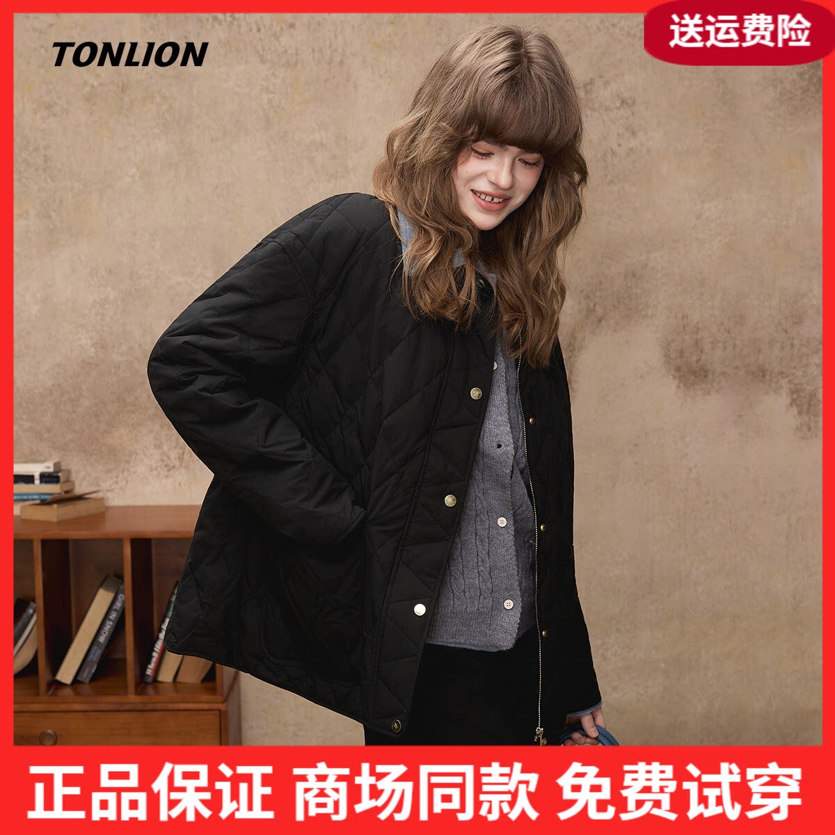 唐狮2026秋冬季女羽绒服菱格翻领时尚羽绒外套拼接小众设计感冬装