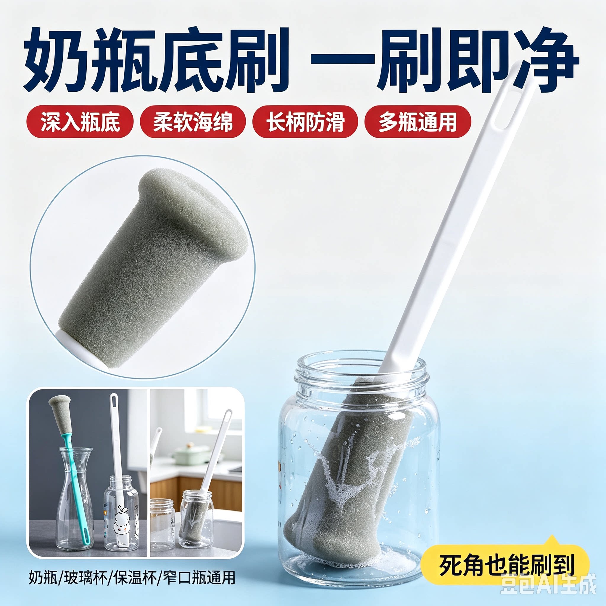 长柄海绵杯刷无死角洗杯子神器奶厨房用刷