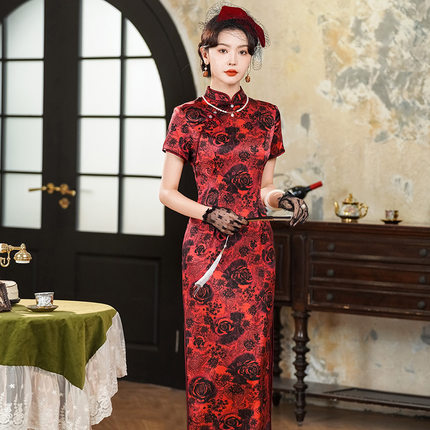 【帛彩轻奢】新款旗袍喜妈妈桑蚕丝女唐装复古改长款短袖中式礼服