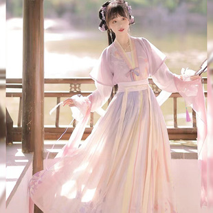 正版唐褙子汉服女成年人圆领短半袖齐腰褶裙全套古装唐圆领衫