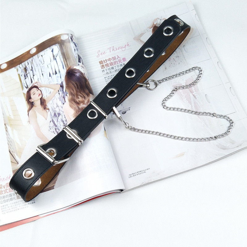 时尚百搭凹造型圆环女士腰带链条镂空气眼装饰PU牛仔裤皮带女ins