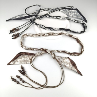 丝巾串木珠辫子腰带女潮休闲百搭手工编织装 饰连衣裙腰绳打结绳子