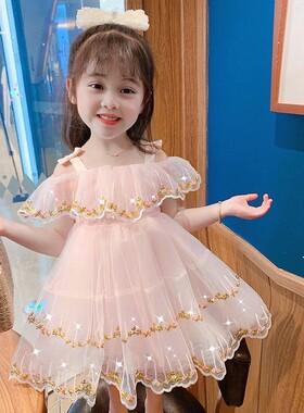 小女孩公主裙女宝宝裙子夏装新款女童网红露肩连衣裙小童洋气3岁