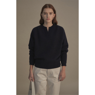 LINHOUSE复古小V领套头藏蓝色通勤秋冬毛衣慵懒宽松针织衫上衣女