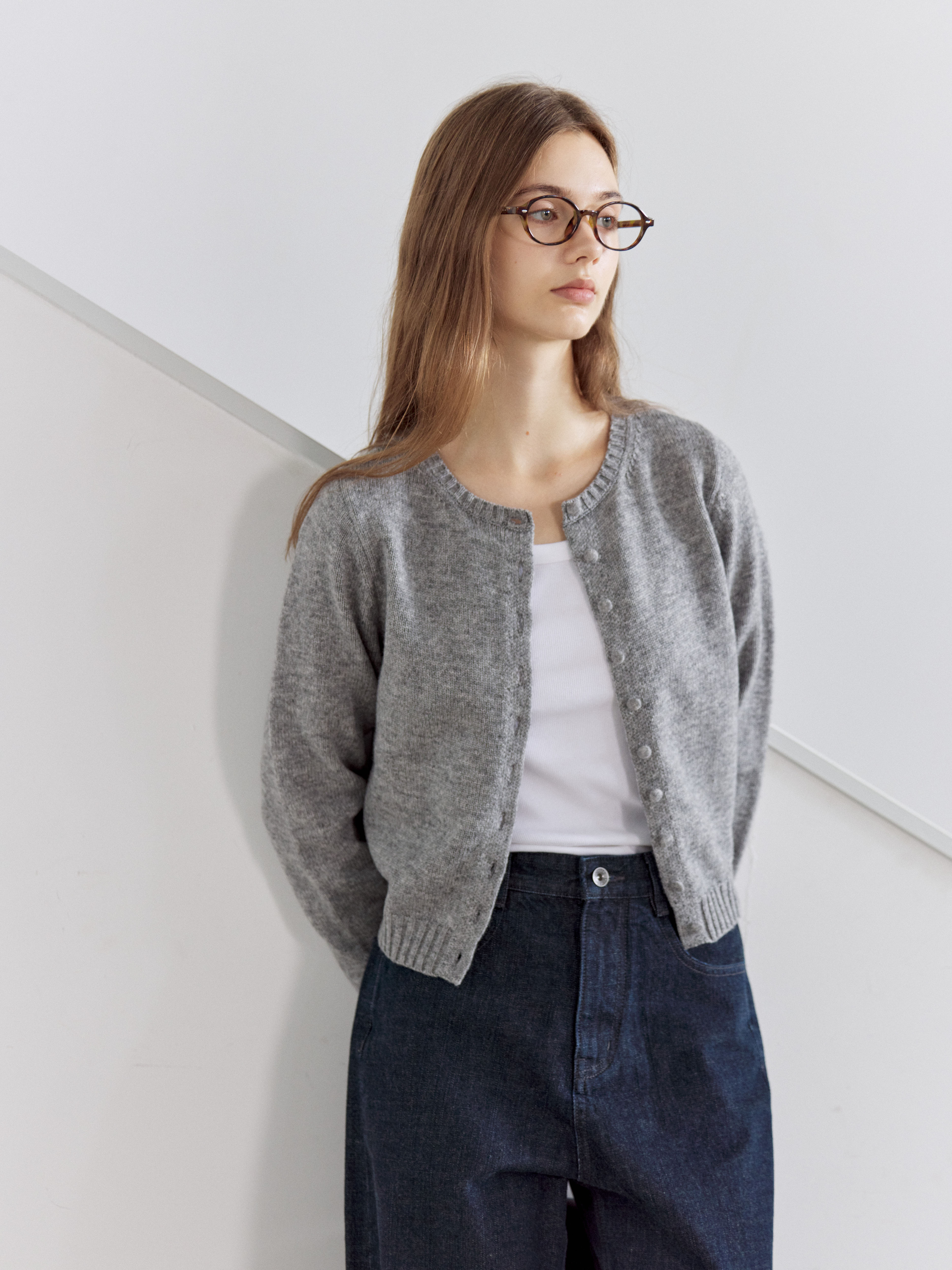 LINHOUSE羊毛圆领包扣开衫