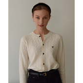 LINHOUSE复古藏蓝麻花刺绣圆领针织开衫 通勤白色百搭深灰色上衣女