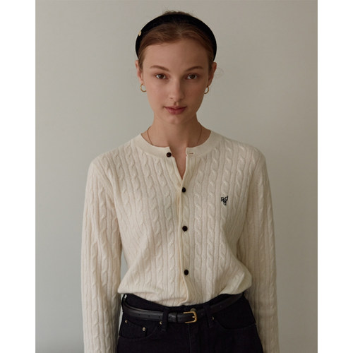 LINHOUSE复古藏蓝麻花刺绣圆领针织开衫通勤白色百搭深灰色上衣女