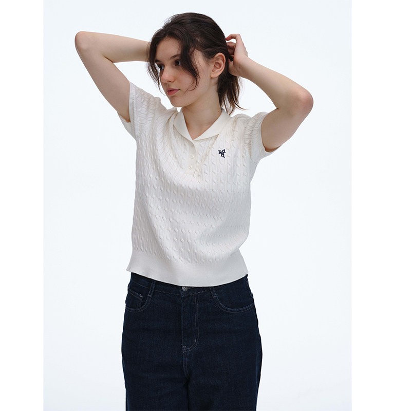 LINHOUSE复古青果领白色麻花针织短袖夏通勤百搭休闲学院风t恤女