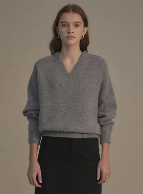 LINHOUSE复古浅灰色V领套头毛衣简约百搭通勤cleanfit针织上衣女