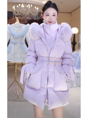 【紫朵朵】时尚高领狐狸毛收腰腰带羽绒服815574