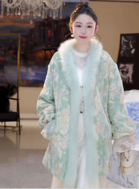 【绿雪】国风重工刺绣狐狸毛羽绒外套815667