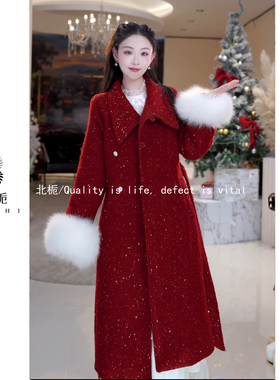 【闪亮焦点】气质大翻领三粒扣狐狸毛长款羊毛羽绒大衣 815890