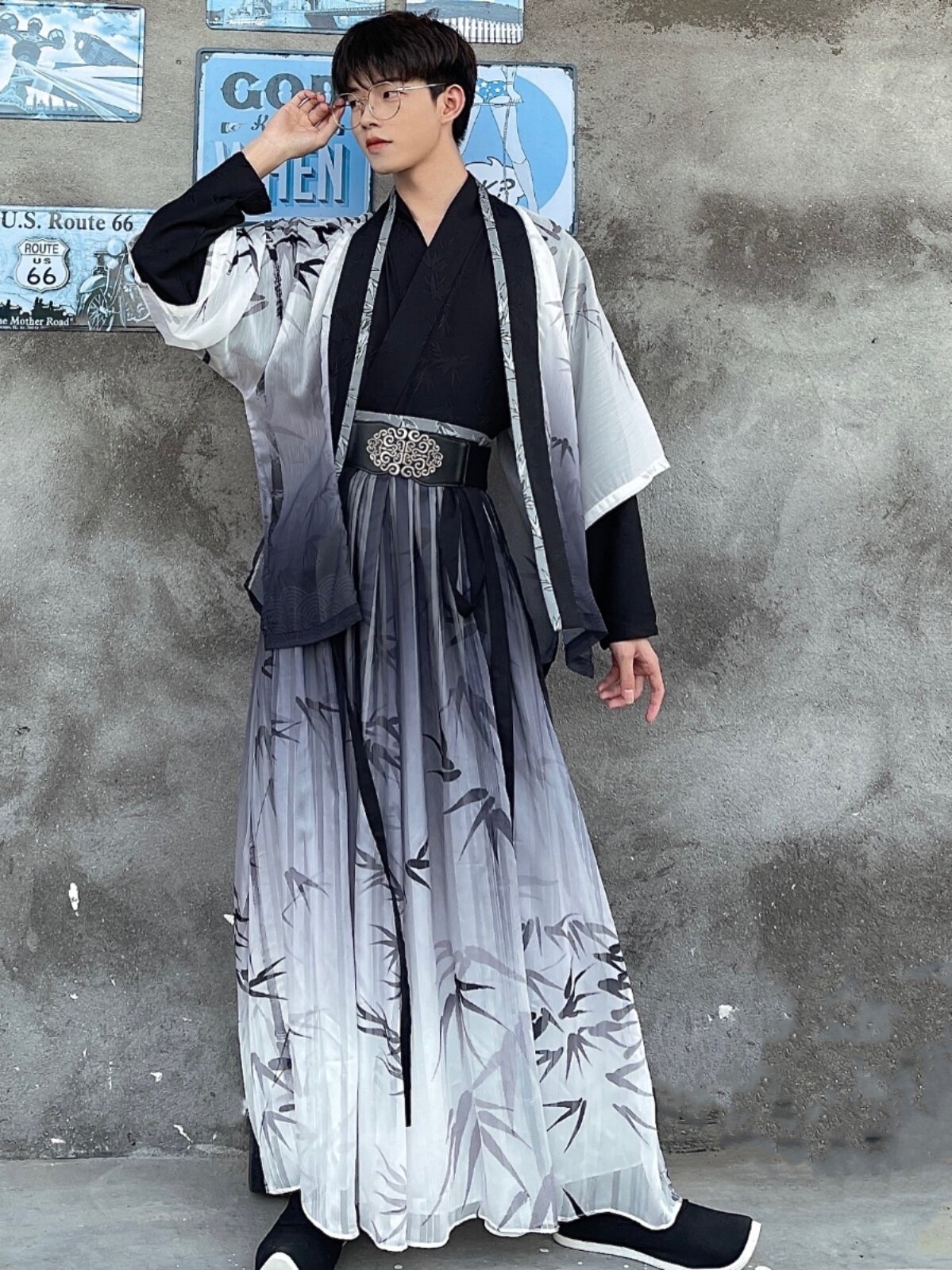 YUYUE SI CLOTHING BUREAU [MOZHU] 남녀 동일한 스타일 송나라에서 만든 일일 오리지널 한복 대나무 잎 인쇄 허리 길이 양복