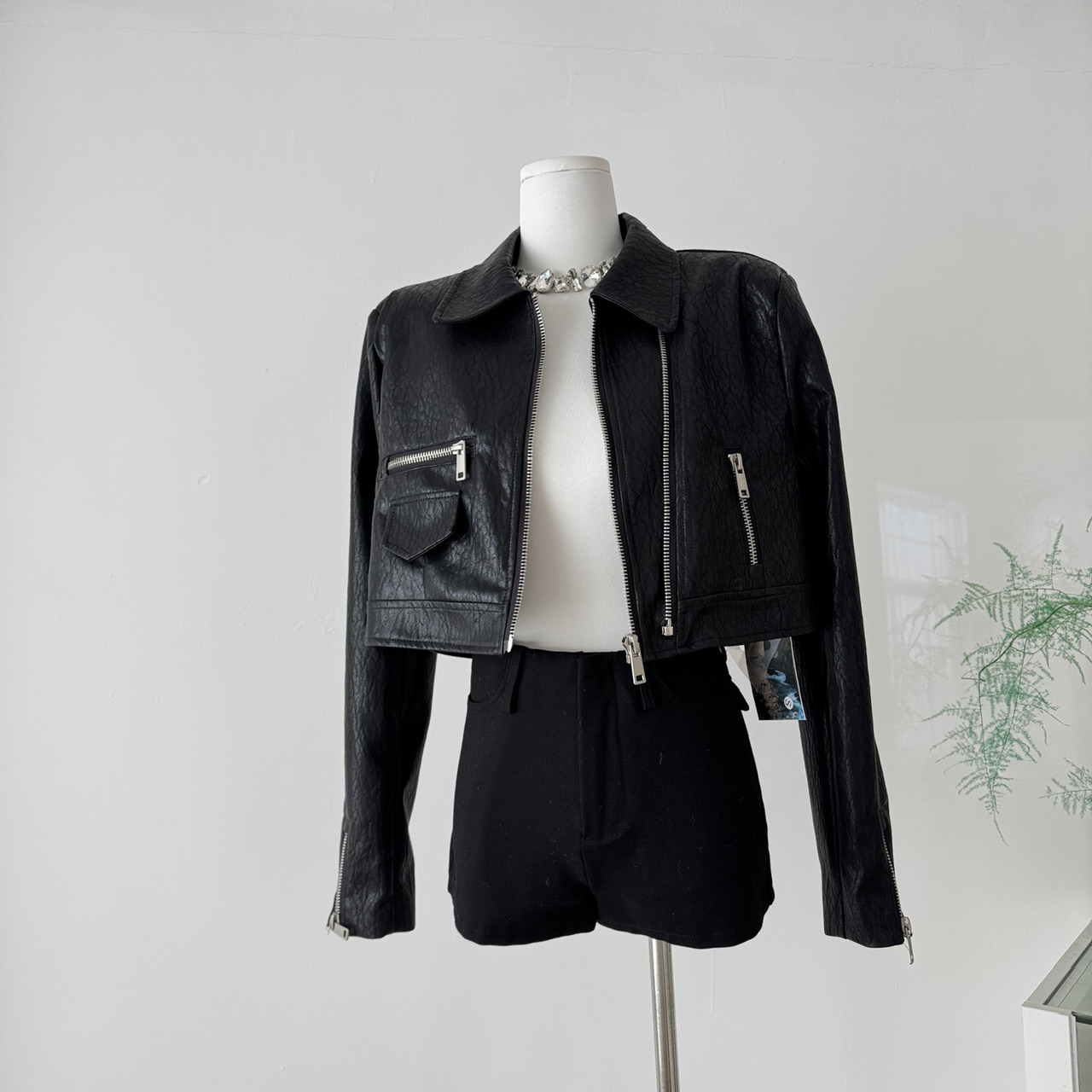 @uniken没花头小个子机车短外套双拉链PU皮衣女黑色百搭夹克