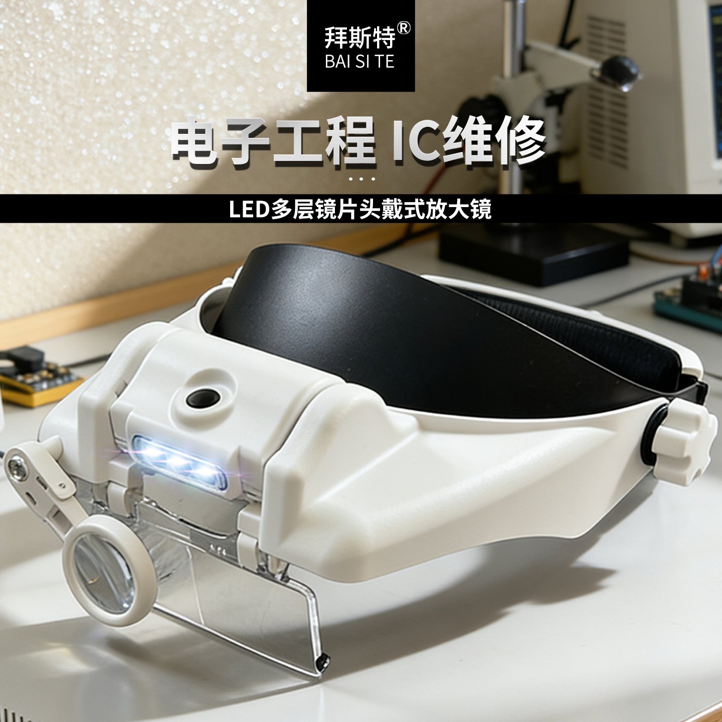 头戴式高清放大镜带LED灯适用于维修阅读等场景