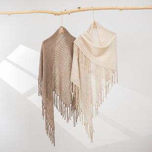 超时髦流苏斗篷100%纯山羊绒三角围巾披肩女外搭新款镂空针织围脖