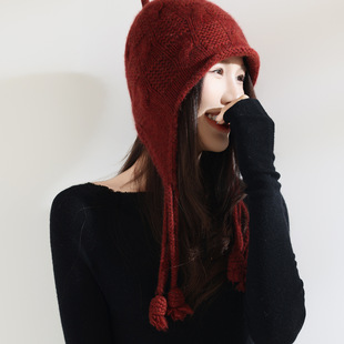 时尚手工小辫100%纯山羊绒帽子女卷边显脸小针织护耳帽保暖毛线帽