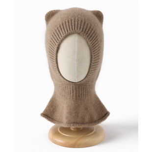 婴幼儿小熊耳朵帽100%纯山羊绒帽子围脖一体儿童护耳保暖针织帽子