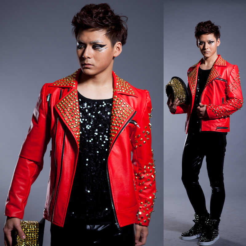 特价！舞台装夜店酒吧演出服歌手DS 男 全手工铆钉朋克机车皮衣