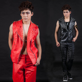 酒吧夜店演出服男歌手 街舞 嘻哈欧美男装 铆钉机车皮马甲皮裤 套装