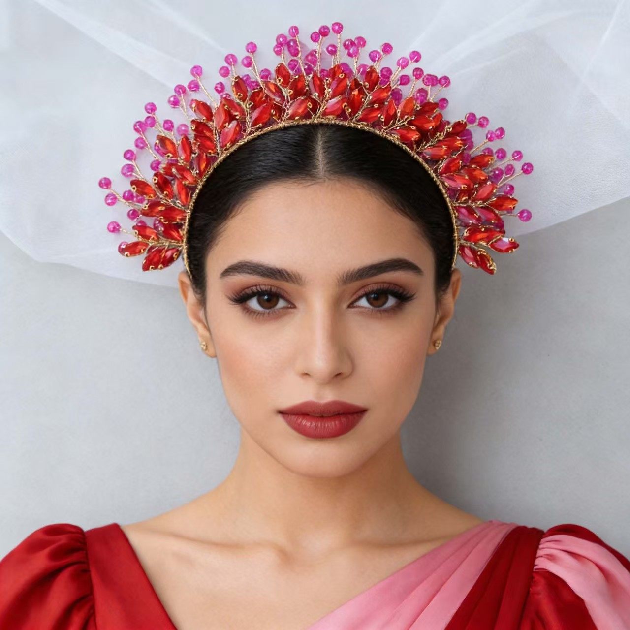 奢华新娘皇冠发饰红色水钻头饰晚宴三件套拍照头花时尚头箍